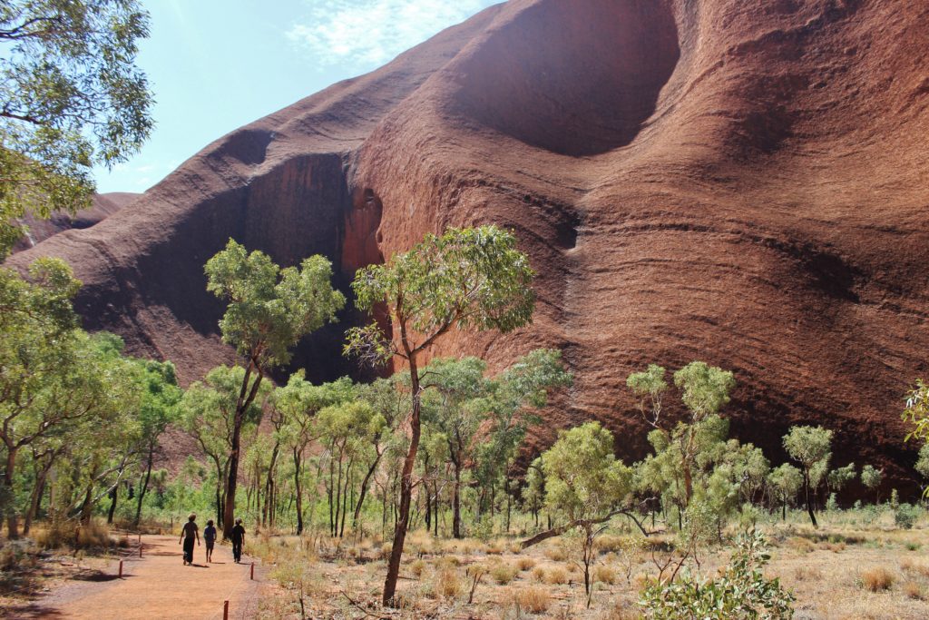 Small figures walk along a tree-lined path next to Uluru