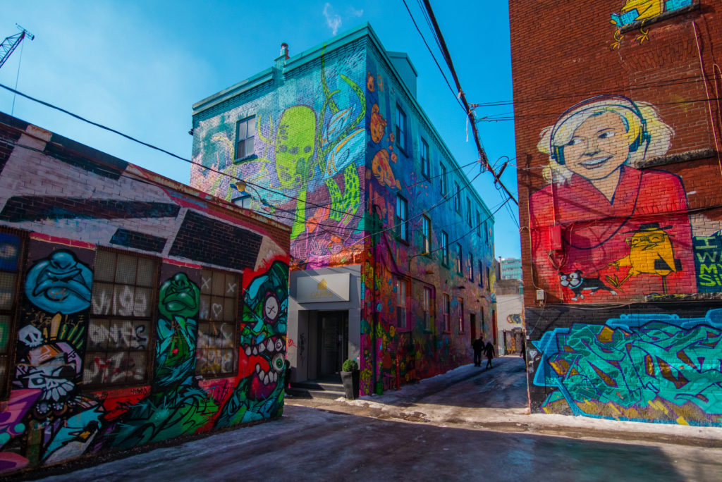 Buildings covered in street art in Rush Lane, one of the best photo spots in Toronto