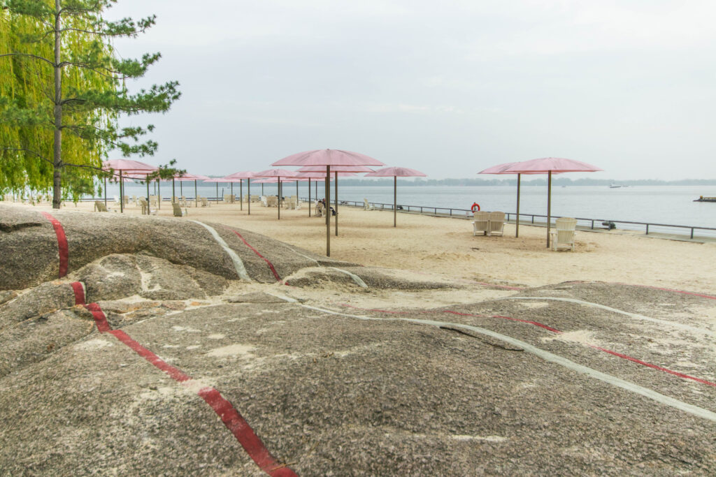 Toronto's Sugar Beach - pink umbrellas by the lake