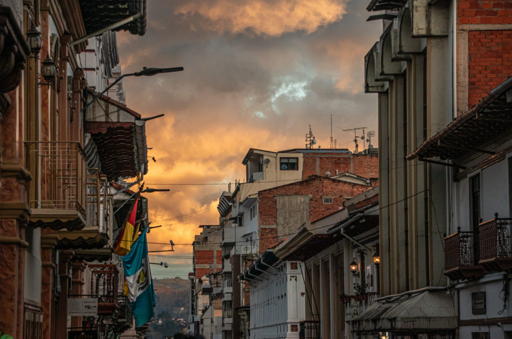 Sunset over the colonial streets of Cuenca, a historical city in Ecuador