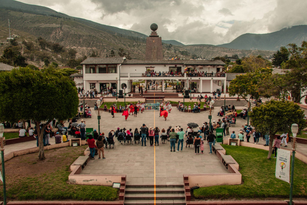 Overlooking a square full of dancing people at the Mitad del Mundo equator line near Quito, Ecuador