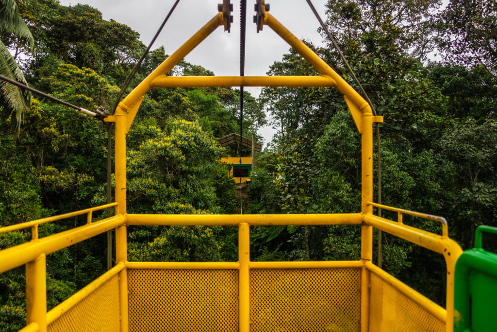 Sitting inside the Tarabita, a small cable car crossing a valley in Mindo, Ecuador