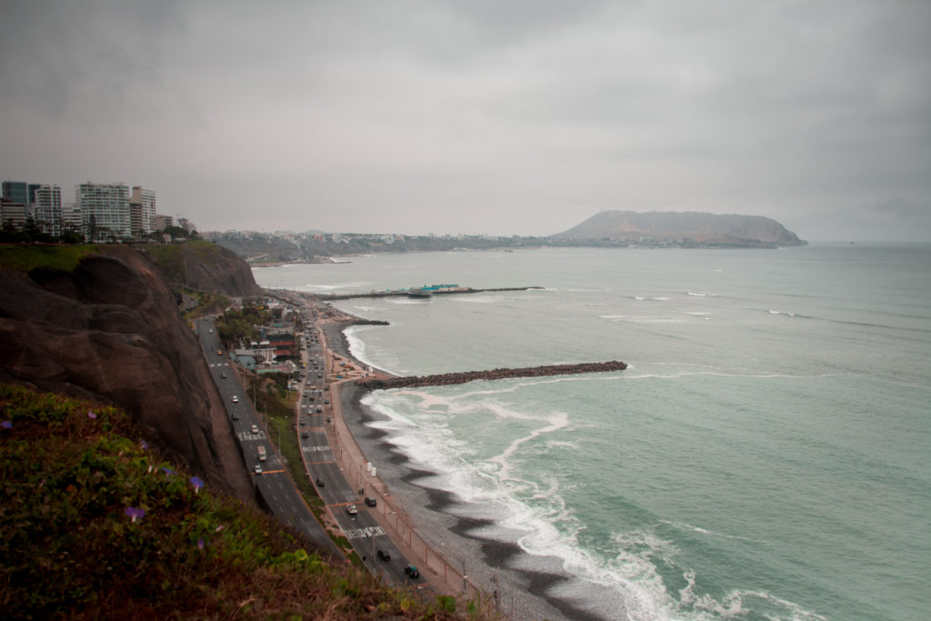 View of the Lima coast from the top of the city cliffs, Peru