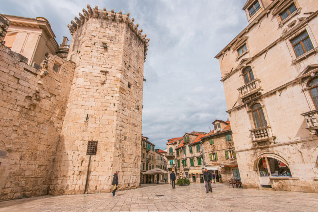 Walls and beautiful tower buildings in the Old Town of Split, Croatia