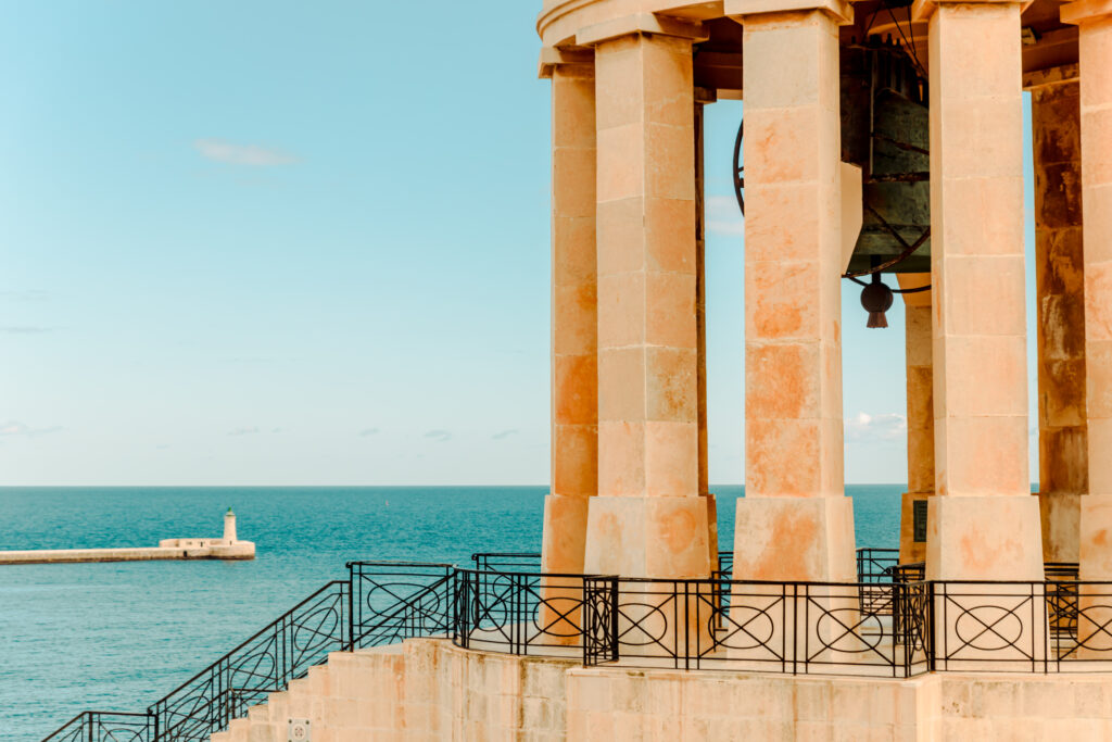 The Siege Bell War Memorial on the northeast side of Valletta, Malta