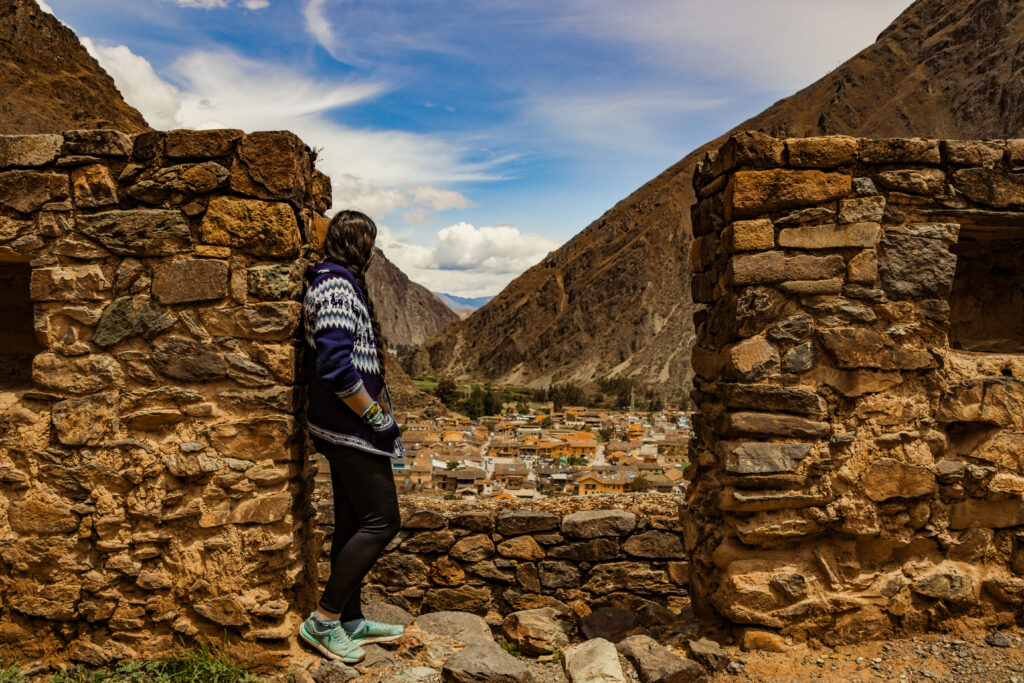 Looking out over the town of Ollantaytambo from the Incan ruins, Peru