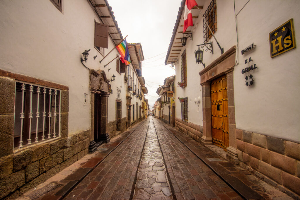 Narrow, cobbled streets in Cusco, in the Sacred Valley of Peru