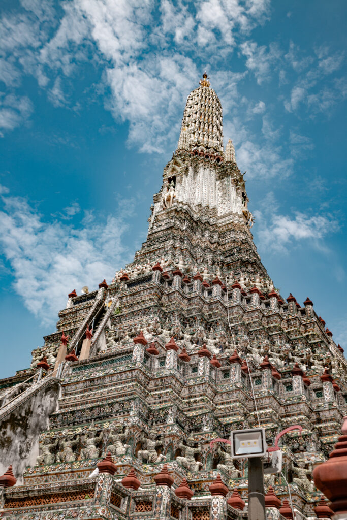 The highly decorated and carved main prang of Wat Arun, in Bangkok