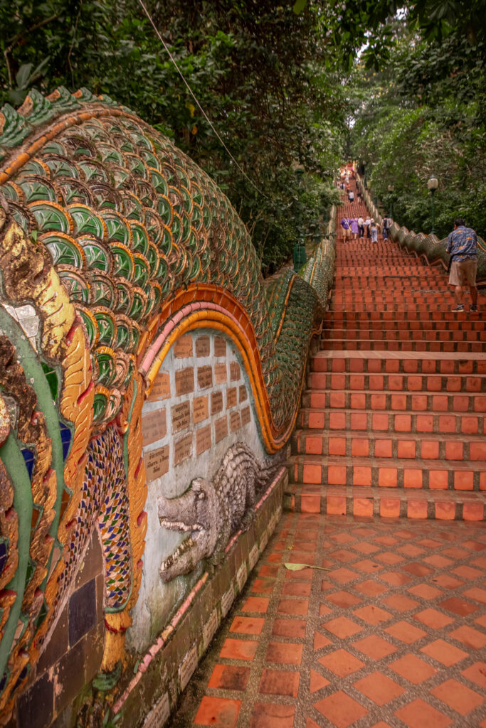 Ornate dragon scales on a staircase leading through a forest