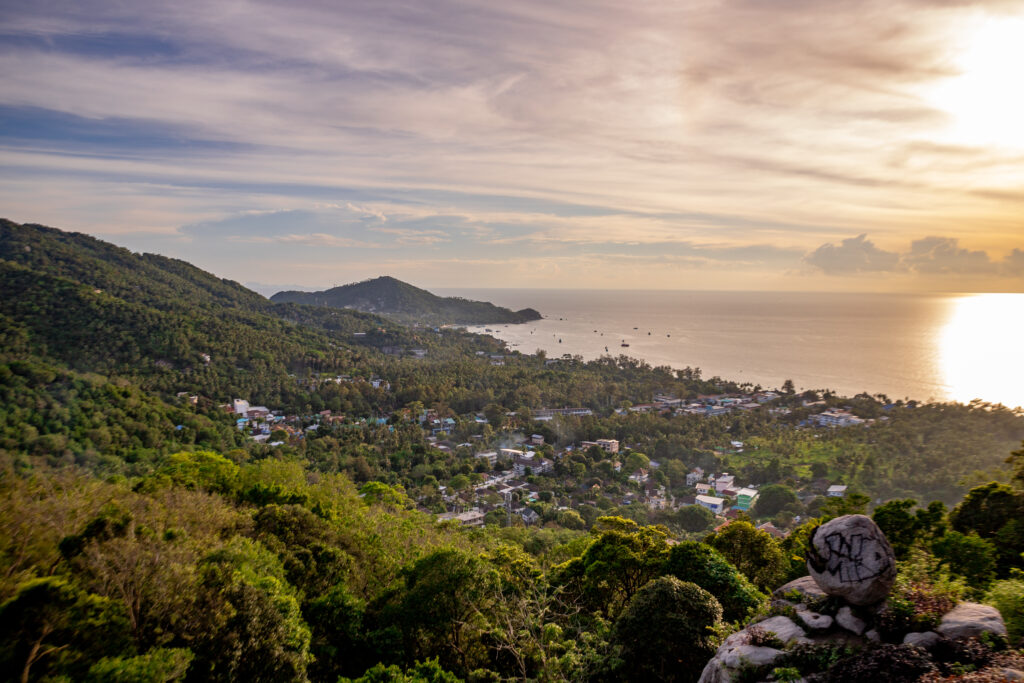 Koh Tao island at sunset from a viewpoint high above