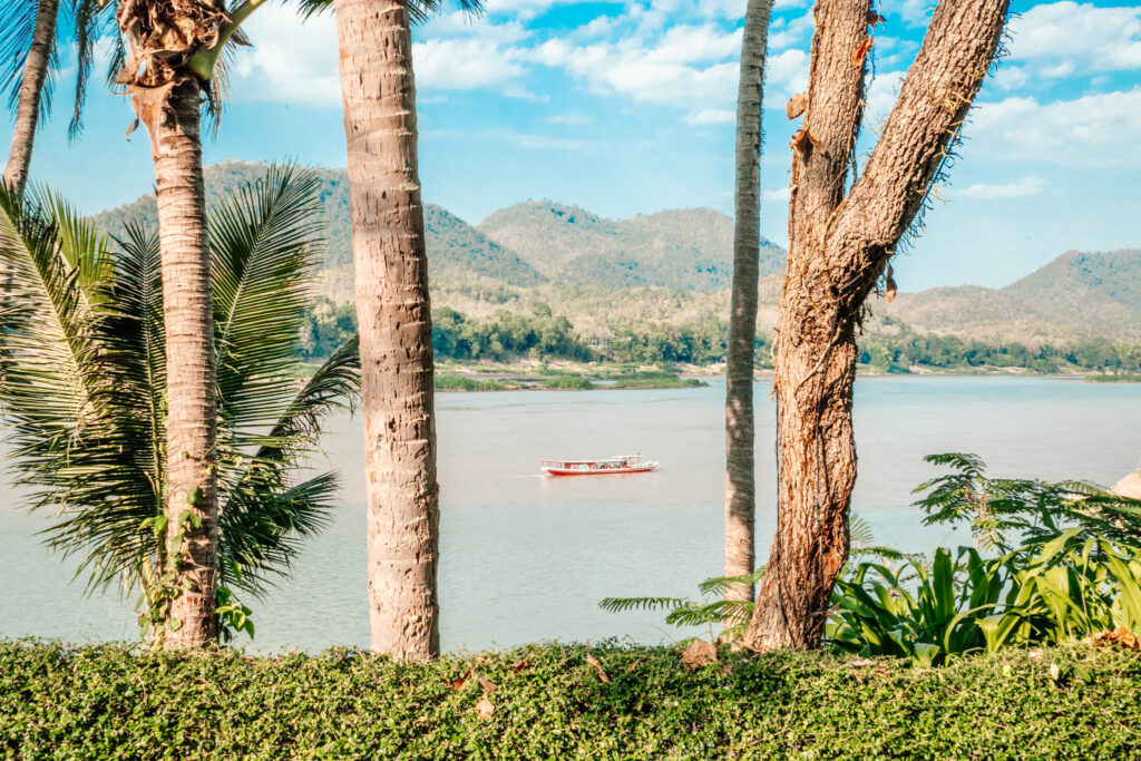 A boat on the Mekong seen between two trees with mountains in the background