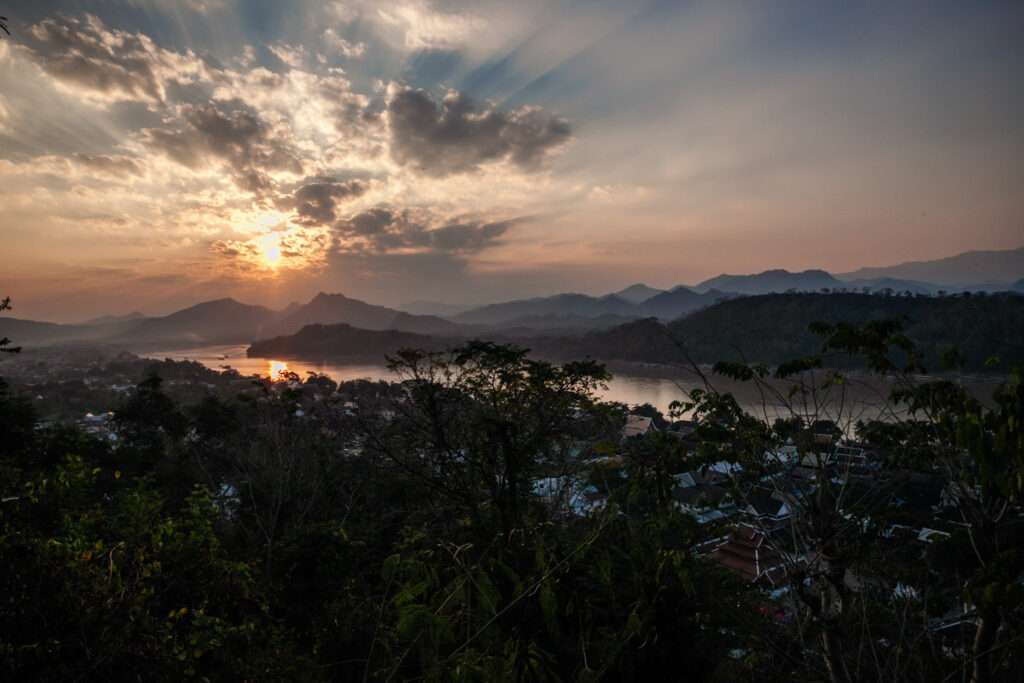 The sun setting over the Mekong River, seen from above