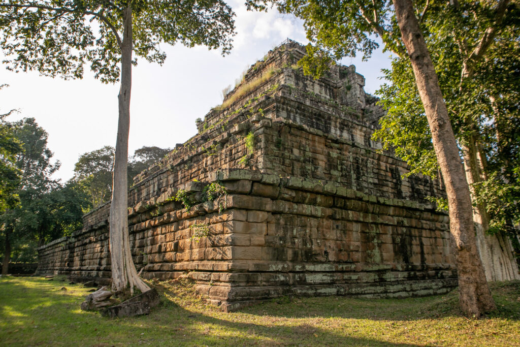 The ruins of a tall pyramid temple in Cambodia