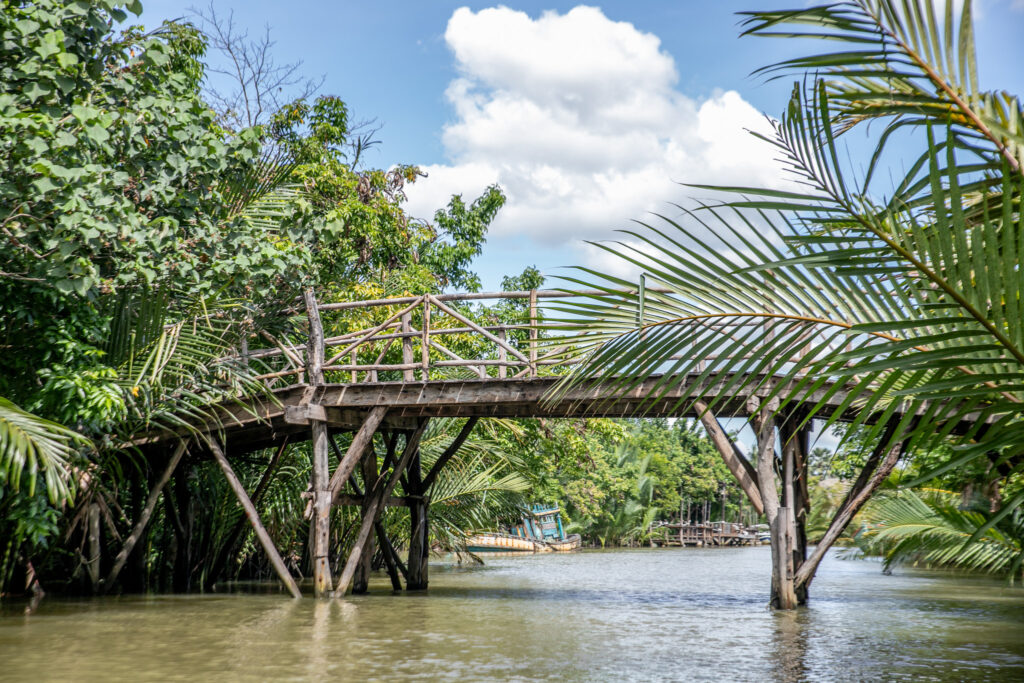 A bamboo bridge over the Green cathedral canal in Cambodia